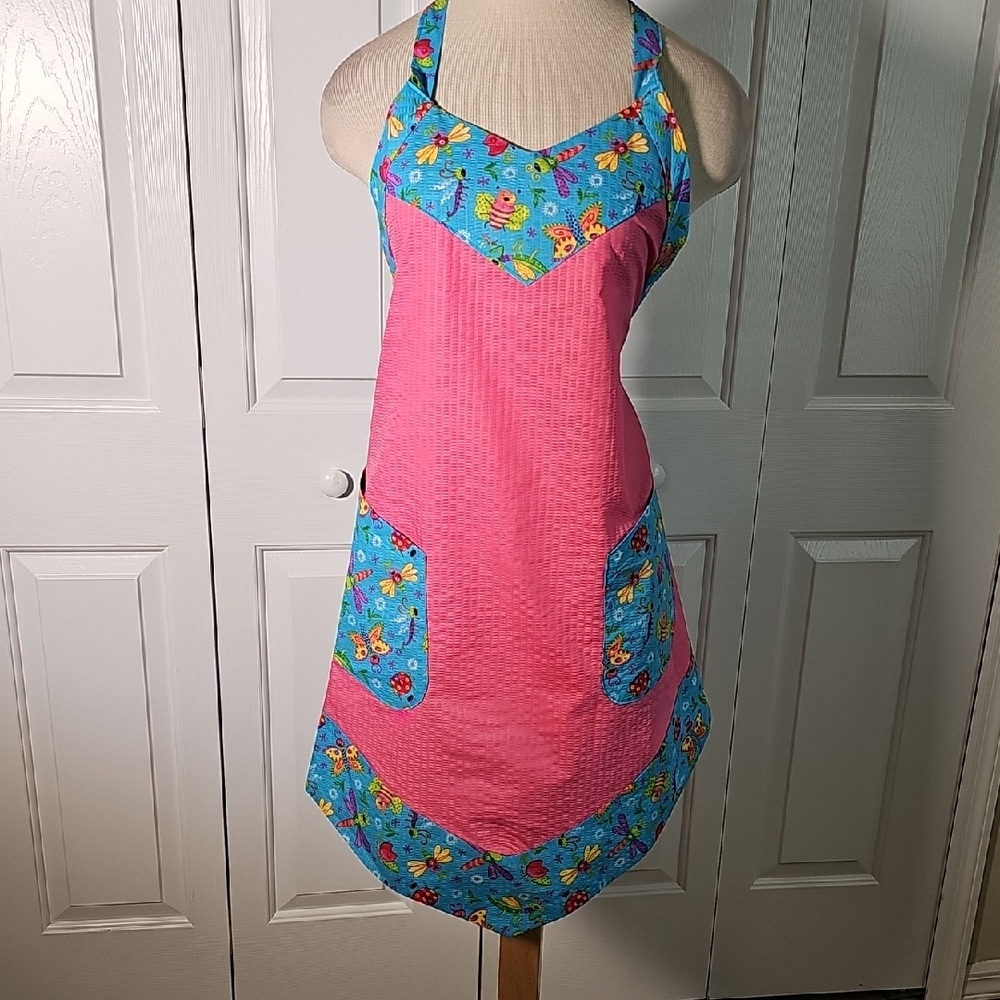 Floral Pink and‎ Blue Apron. Hand Made Adorable. Bees And Butterfly.